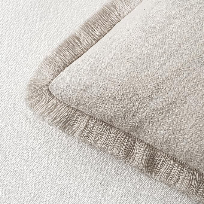 MIULEE Decorative Throw Pillow Covers Neutral Linen Fringe Throw Pillows Euro Shams Set of 2 Natural Beige Boho Farmhouse Cushion Covers for Couch Sofa Bed Living Room Spring Home Decor 26x26 Inch