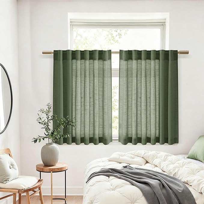 Nanspring Short Linen Cafe Curtains 36 Inch Length for Kitchen Windows Over Sink Olive Green Semi Sheer Curtains Back Tab Rod Pocket Sheer for Cafe Basement Small Windows 36x36 Inches, 2 Panels