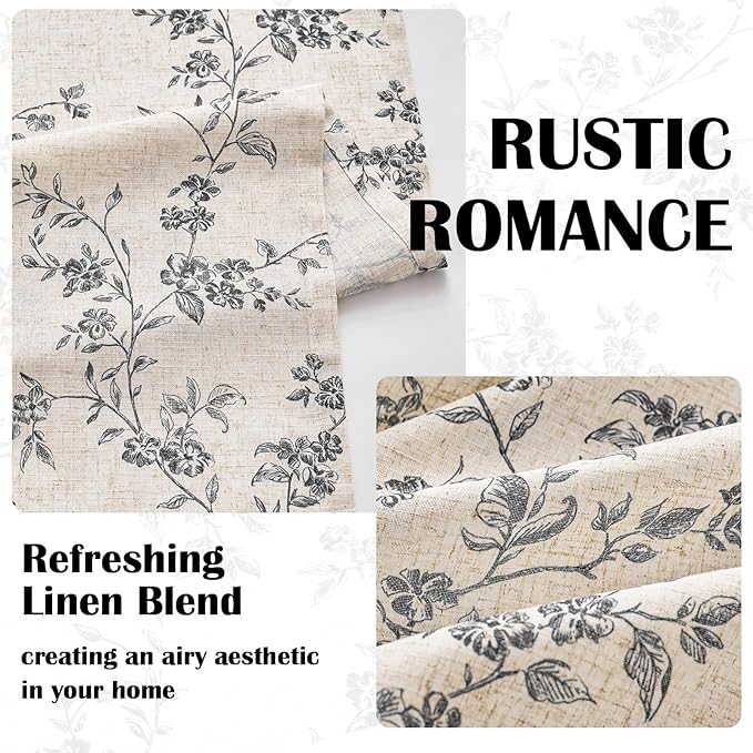 Lazzzy Black Floral Linen Curtains 84 Inch Farmhouse Back Tab Drapes for Living Room Bedroom Light Filtering Vintage Grandmillennial Rod Pocket Curtains, 2 Panels, W38 x L84, Black on Beige