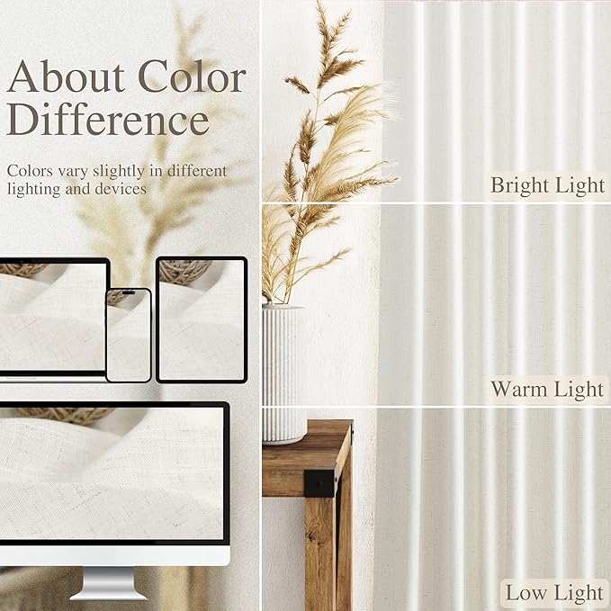 Nanspring Beige White Linen Curtains for Living Room 92 Inches Long Back Tab and Rod Pocket Light Filtering Semi Sheer Curtain Rustic Farmhouse Decor Luxury Drapes for Bedroom Office 52x92, 2 Panels