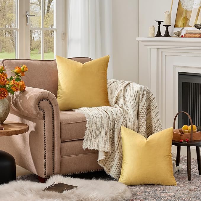 GIGIZAZA 18x18 Yellow Velvet Decorative Throw Pillow Covers for Sofa Bed 2 Pack Soft Cushion Cover