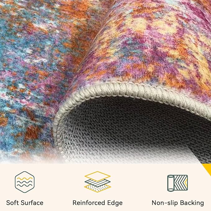 Washable Area Rugs 10'x14 Non-Slip Modern Abstract Soft for Living Room Entryway Bedroom Nursery, Print Pattern, Orange Blue Pink Yellow Colorful