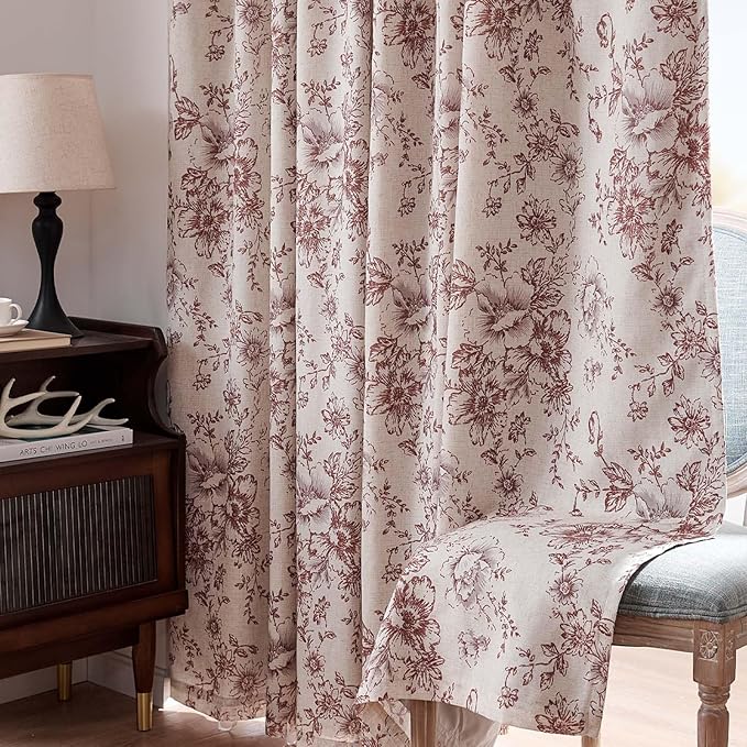 jinchan Blackout Floral Curtains for Living Room Bedroom Linen Blend Curtain Farmhouse Brick Red Printed with Lined Back Tab Rod Pocket Drapes Window Treatments 2 Panels 63 Inch