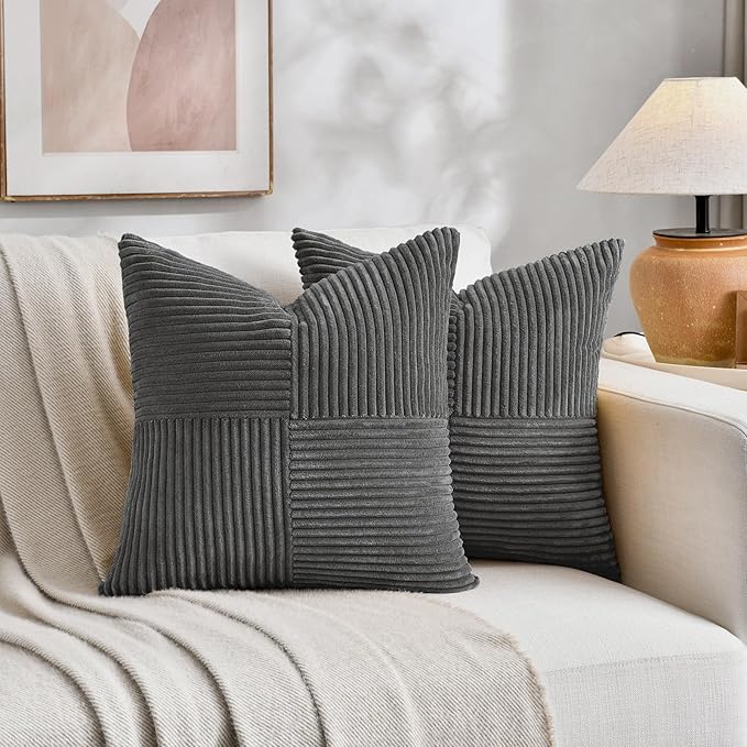 Fancy Homi 2 Packs Dark Gray Decorative Throw Pillow Covers 20x20 Inch for Living Room Couch Bed Sofa, Farmhouse Boho Home Decor, Soft Corss Corduroy Patchwork Accent Square Cushion Case 50x50 cm