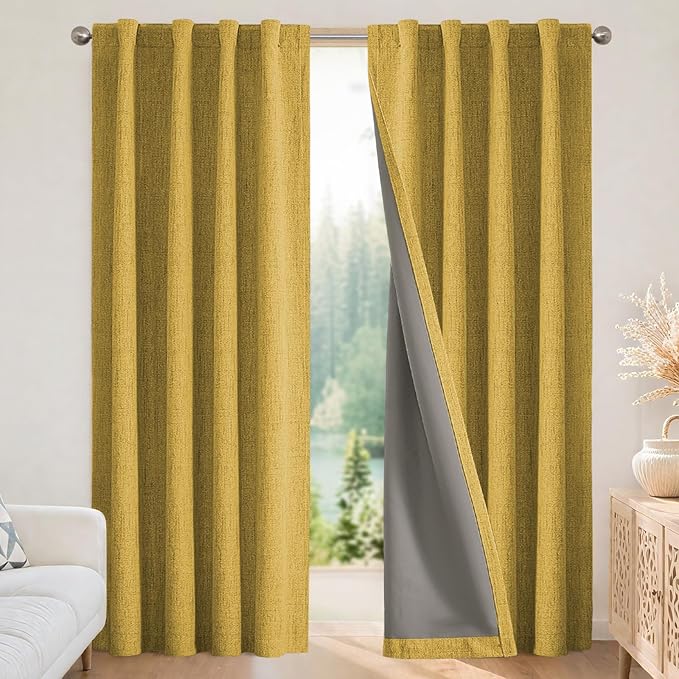 Joydeco Linen Blackout Curtains for Bedroom - 100% Light Blocking 1 Panels, Yellow Drapes 100" W x 96" L, Thermal Insulated Room Darkening Curtains for Living Room, Rod Pocket & Back Tabs