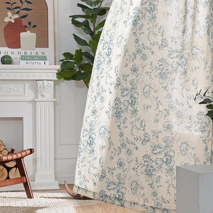 jinchan Linen Blend Curtain Floral Curtains for Living Room 63 Inch Length Blue Printed Curtain Rod Pocket Back Tab Farmhouse Peony Flower Patterned Drapes Bedroom Window Curtains Set 2 Panels