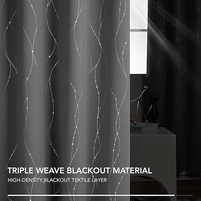 Deconovo Blackout Curtains 108 Inches Long, Grey Blackout Curtain with Silver Wave Dots Print Pattern, Thermal Insulated Soundproof Drapes for Sliding Glass Door Patio Living Room Bedroom, Set of 2