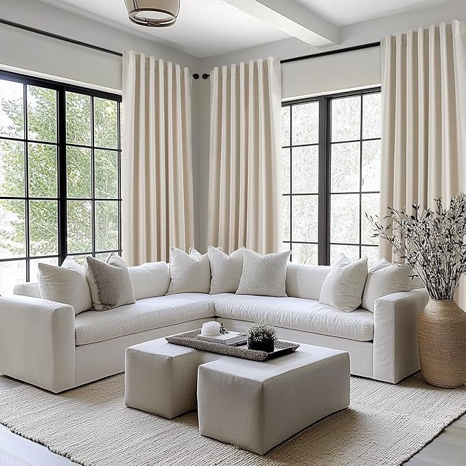 Topfinel Beige White 100% Blackout Curtains 72 Inches Long 2 Panels for Bedroom Natural Linen Heavy Insulated Bay Window Curtains Modern Neutral Drapes for Bedroom/Cabin/Kitchen (W52 x L72)