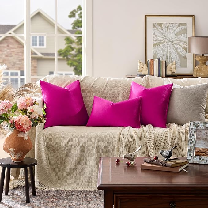 GIGIZAZA Throw Pillow Covers 22x22 Inch Hot Pink Velvet Pillows Decorative Covers Pack of 2 for Sofa Pillowcase Cushion Covers