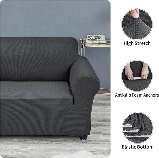Joccun Stretch Couch Cover Slipcovers, 1-Piece Sofa Covers for 3 Cushion Couch Spandex Jacquard Washable Furniture Protector Cover for Living Room,Kids,Pets(Large 78''-94'',Charcoal)