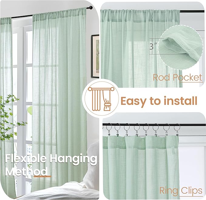 BGment 40 Inch Length Light Green Linen Curtains - Short Semi Sheer Drapes Textured for Living Room Window Spring Decorative with Rod Pocket Lightweight Rustic, 2 Panels Set, 42 X 40 Inch