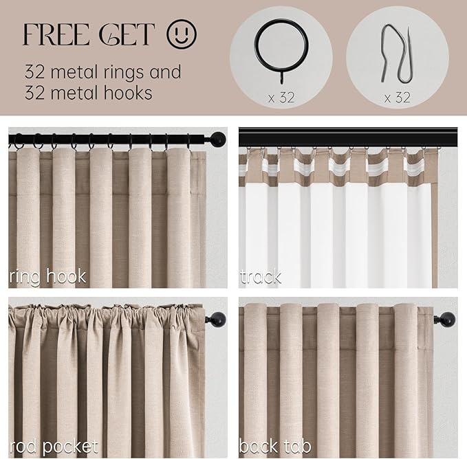 Natural Beige 95 inch bedroom living room curtains 2 Panels 100% Blackout Linen texture Curtain Drapes with Back Tab Rod Pocket Room darkening Thermal Insulated Curtains for Dining Sliding door 52x95