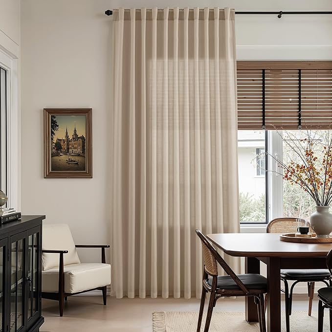 Sepia Beige Linen Curtains 90 Inches Long for Living Room Rustic Farmhouse Decor Light Filtering Semi Sheer Curtain Back Tab Rod Pocket Neutral Modern Luxury Drapes for Bedroom Office 52x90, 2 Panels