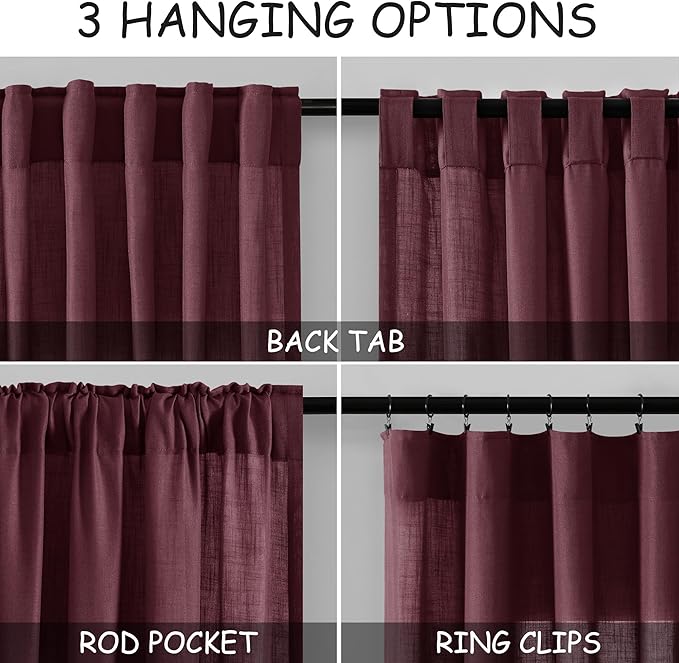 Nanspring Burgundy Linen Curtains 84 Inch Length 2 Panels Set for Living Room Rod Pocket Back Tab Light Filtering Window Drapes for Bedroom Dining Room Protect Privacy Modern Farmhouse Decor 52x84