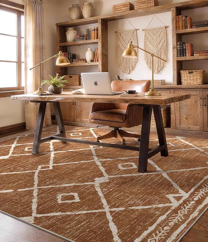 YIHOUSE Western Area Rugs for Living Room 5x7, Moroccan Aztec Burnt Orange Rug, Southwestern Soft Low-Pile Washable Rugs for Bedroom, Dining Room