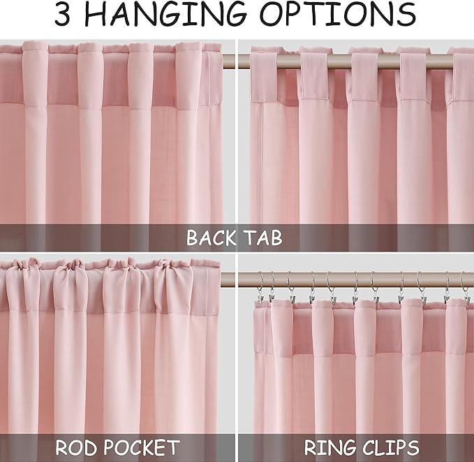 Nanspring Pink Linen Curtains 96 Inches Long 2 Panels Set for Baby Girl Bedroom Back Tab Rod Pocket Semi Sheer Light Filtering Drape for Bedroom Home Decor Protect Privacy 52x96