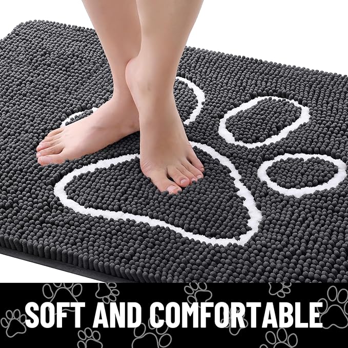 Smiry Dog Door Mat for Muddy Paws, Absorbent Dirt Trapper Non Slip Quick Dry Washable Chenille Mat for Mud Dogs, Entry Rug for Indoor and Outdoor (48x30 Inches, Dark Grey and White)