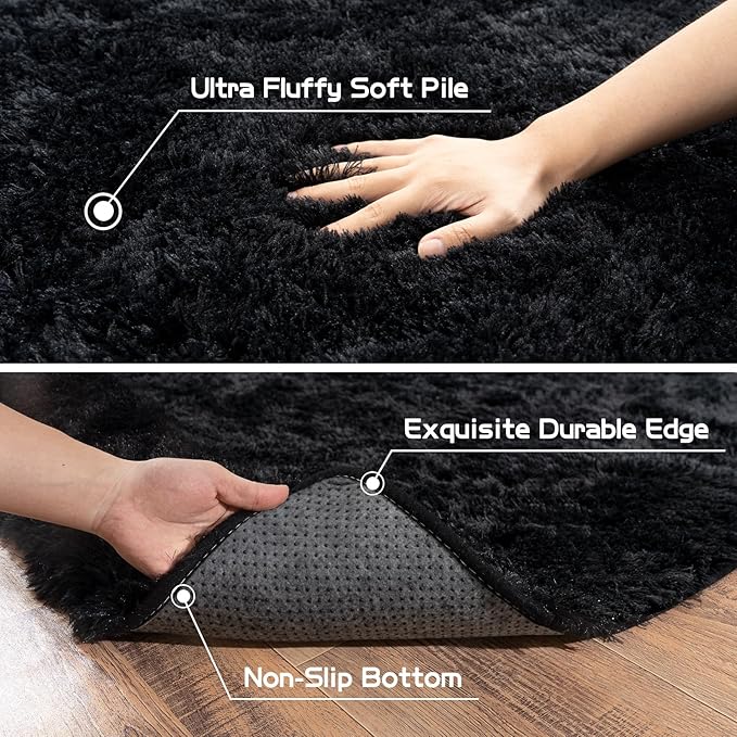 Pionblank 9x12 Area Rug, Large Area Rug for Living Room, Shag Rug for Bedroom, Soft Furry Non Slip Carpet for Kids Room Nursery Teens Dorm Home Decor, Black