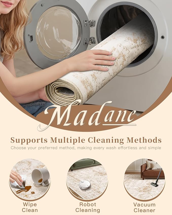 Madane 8x10 Area Rugs for Living Room, Machine Washable Vintage Rug with Non-Slip Backing, Soft Floral Print Large Throw Rugs, Thin Carpet for Bedroom Dining Room Farmhouse (8 x 10, Wood/Ivory)