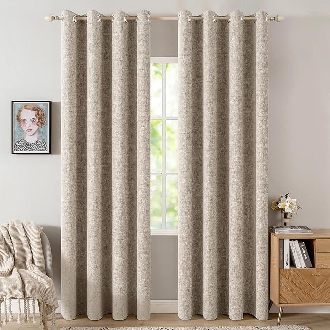 MIULEE Linen Textured Curtains Solid 100% Blackout for Bedroom Thermal Insulated Taupe Grommet Room Darkening Curtains & Drapes Luxury Decor for Living Room Nursery 52 x 72 Inch (2 Panels)