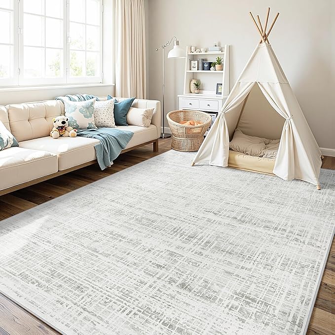 5x7 Area Rugs Washable Rug: Anti-Skid Abstract Modern Living Room Rug Soft Thin Carpets Indoor Floor Non-Shedding Carpet for Bedroom Dining Farmhouse Nursery Home Office (White Gray, 5'x7')