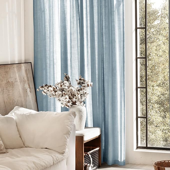 Dusty Blue Linen Curtains for Living Room Back Tab Light Filtering Semi Sheer Light Blue Bedroom Curtains Linen Cotton Textured Grey Blue Drapery Panel Airy Modern Farmhouse Aesthetic Decor 52x90 Long