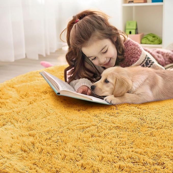 OLANLY Mustard Yellow Round Rugs for Bedroom - Machine Washable, 8 ft Circle Area Rugs for Living Room, Soft and Fluffy Shaggy Carpet for Teen Girl and Boys, Nursery Rooms, Dorms, Home Decor Aesthetic