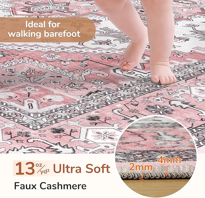 OPPODREAM Soft 10x14 Area Rugs, Washable Rugs 10x14 with Non Slip Backing, Low-Pile Faux Cashmere 10 x 14 Carpet, Pink & Cream