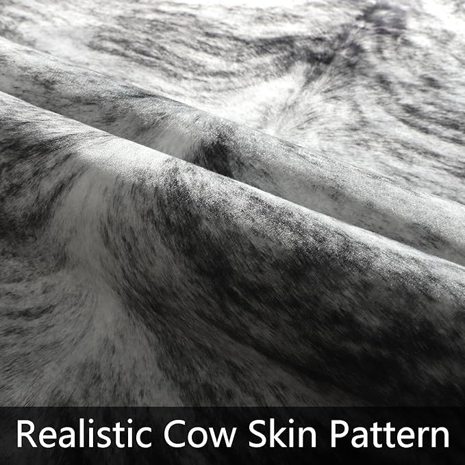 AROGAN Western Decor Faux Fur Cowhide Rug, 6 x 7 Feet Premium Animal Skin Cow Hide Rug, Sturdy Cow Print Rugs for Wall Decor, Western Floor Carpet for Bedroom Living Room, Black and Grey