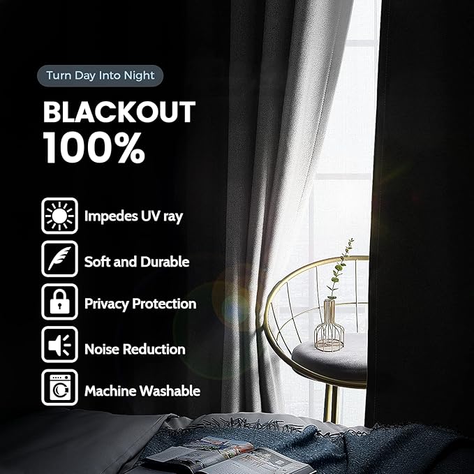 SimpleHome 100% Blackout Curtains for Bedroom,Thermal Insulated White Grommet Window Drapes Room Darkening Curtains for Living Room with Black Back,52 x 54 Inch,2 Panels