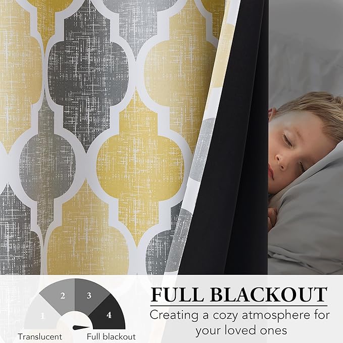 Beauoop 100% Blackout Curtains 96 Inches Long 2 Panels for Bedroom Living Room Yellow Grey Moroccan Geo Room Darkening Thermal Insulated Soundproof Rod Pocket Back Tab Window Treatments Drapes, 50x96