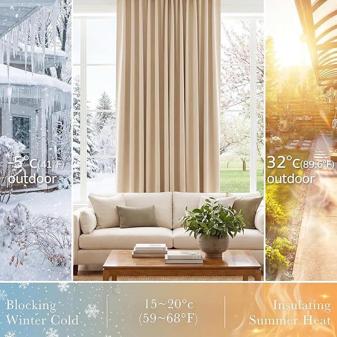 PONY DANCE Window Treatments Curtains - Room Darkening Heavy-Duty Light Block Curtain Drapes Soft Back Loop Drapes Privacy Protect for Bedroom, W 42 x L 63 Inches, Biscotti Beige, 2 Panels
