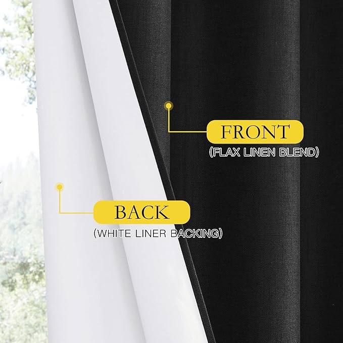 NICETOWN Black Truly Blackout Linen Blend Flax Drapes for Office, Vintage Grommet 100% Blackout Curtains with White Liner Backing for Kitchen Dorm Window（Set of 2, 52 inches Wide x 63 inches Long