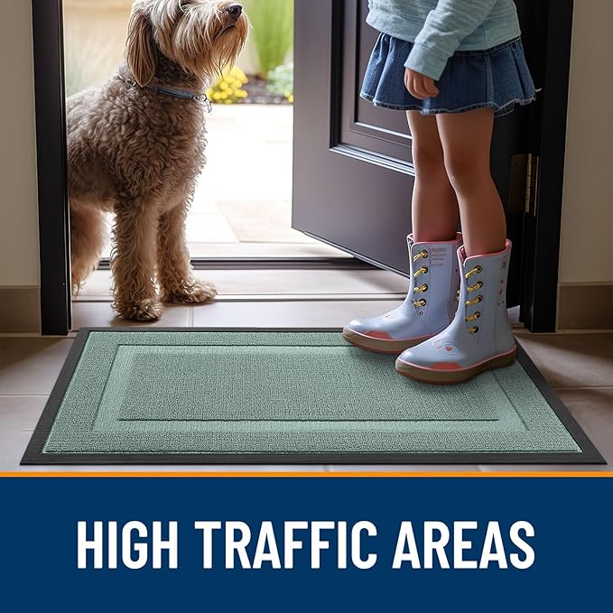 OLANLY Front Door Mat Indoor Outdoor Entrance, Waterproof All-Season, All-Weather Doormat, Sturdy Natural Rubber, Low Profile, Easy Clean Patio Porch Entryway Mat, 47x17, Grayish Green