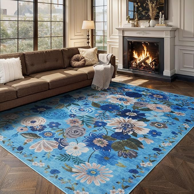 Area Rugs 10x14 Living Room, Non Slip Machine Washable Floral Rugs, Low Pile Lightweight Large Rug for Bedroom, Dining Room, Home Office(10 x 14, Blue Garden)