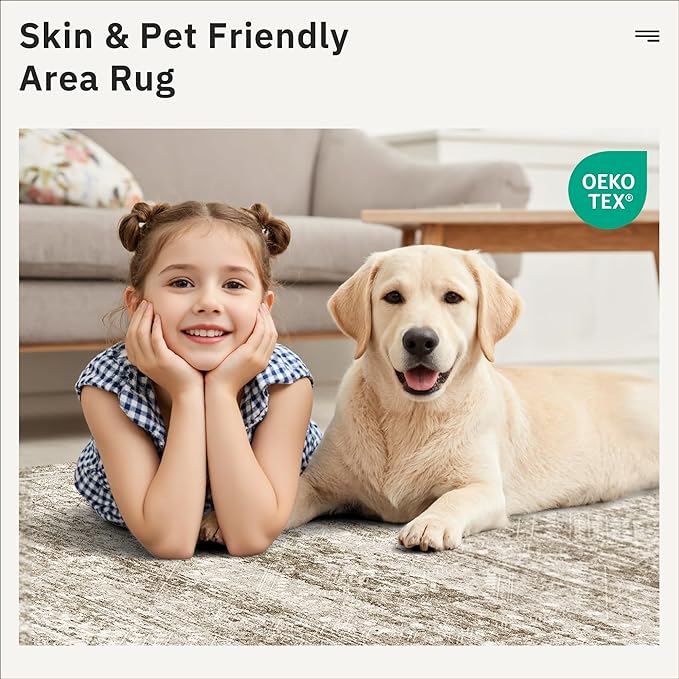 10x14 Area Rugs for Living Room, Non Slip Machine Washable Vintage Rugs, Low Pile Lightweight Large Rug for Bedroom, Dining Room, Home Office Brown