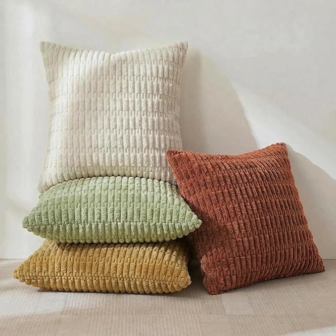 Fancy Homi 4 Packs Boho Fall Euro Decorative Throw Pillow Covers 26x26 Inch for Living Room Couch Bed, Rustic Farmhouse Home Decor, Soft Plush Striped Corduroy Square Colorful Cushion Case 66x66 cm