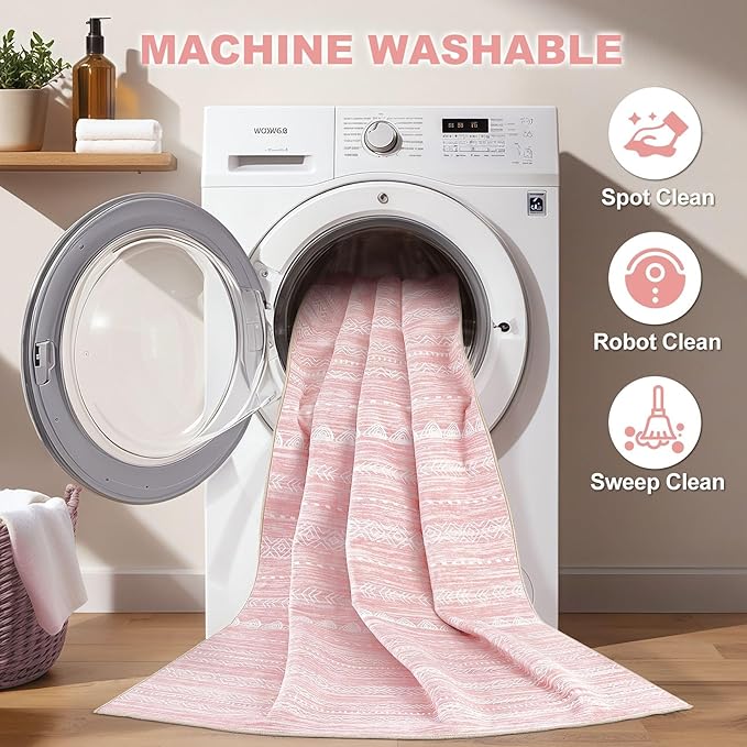Nakagishi Pink Rugs for Bedroom Girls: 7x10 Washable Boho Large Neutral Cute Soft Area Rug Modern Indoor Floor Non Slip Accent Carpet for Living Room Nursery Kids Playroom Preppy Room Dorm Baby Room