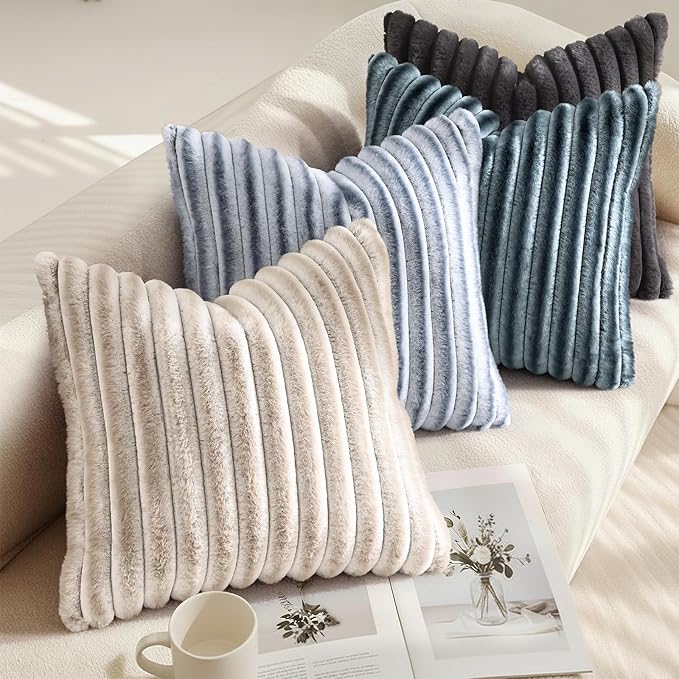 decorUhome Cozy Faux Fur Throw Pillow Covers 24x24 Set of 2 Decorative Soft Plush Striped Modern Farmhouse Boho Couch Euro Sham Pillow Cases with Velvet Back for Sofa Bed Living Room, Blue Grey