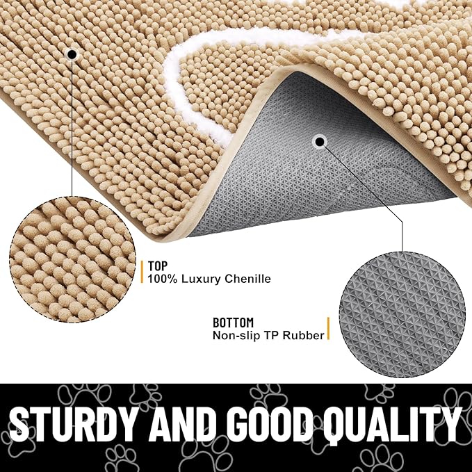 Smiry Dog Door Mat for Muddy Paws, Absorbent Dirt Trapper Non Slip Quick Dry Washable Chenille Mat for Mud Dogs, Entry Rug for Indoor and Outdoor (70x32 Inches, Beige and White)