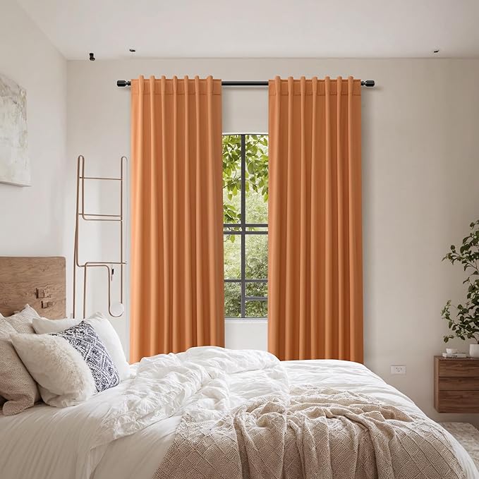 Guken Orange 100% Blackout Linen Curtains 90 Inch Length 2 Panels Set for Living Room Bedroom Back Tab Thermal Insulated Black Out Drapes Room Darkening Farmhouse Window Curtains 90 Inches Long