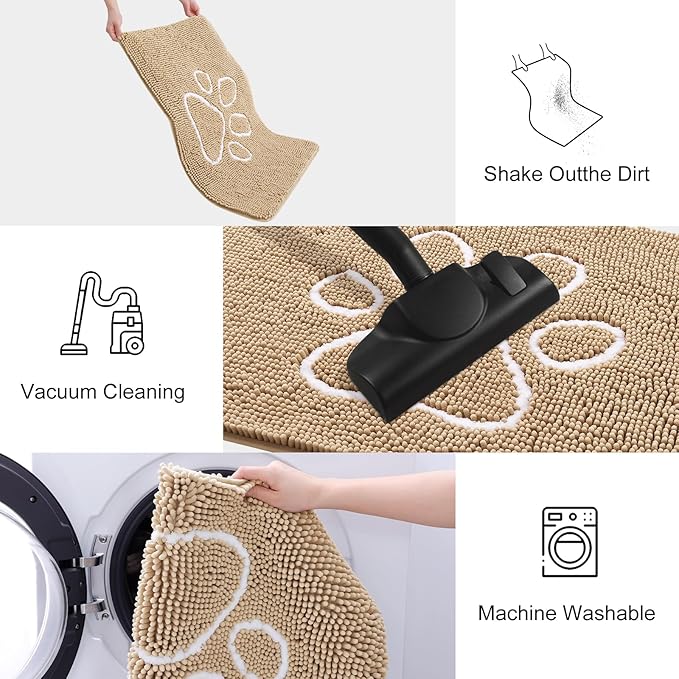 Smiry Dog Door Mat for Muddy Paws, Absorbent Dirt Trapper Non Slip Quick Dry Washable Chenille Mat for Mud Dogs, Entry Rug for Indoor and Outdoor (71x46 Inches, Beige and White)