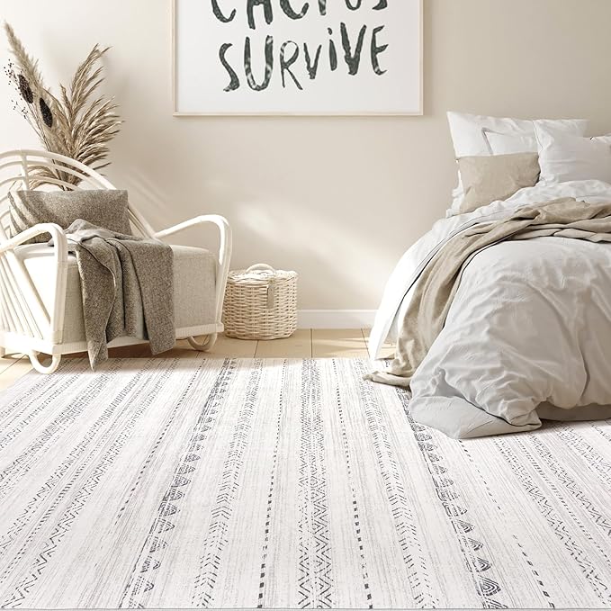 Nakagishi Area Rug Living Room Rugs: 4x6 Soft Machine Washable Boho Neutral Farmhouse Stain Resistant Moroccan Indoor Floor Carpet for Bedroom Nursery Kids Entryway Kitchen Entry Bedside Home- Gray