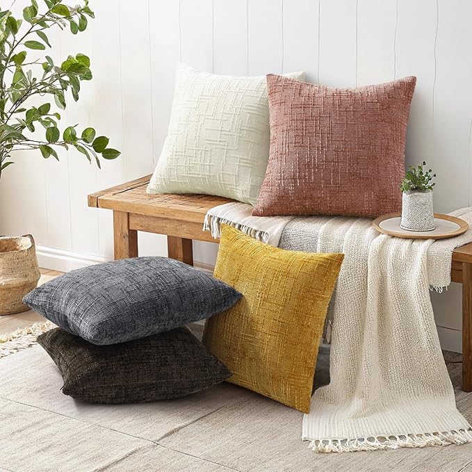 decorUhome Summer Pink Chenille Throw Pillow Covers 16x16 Set of 2 Textured Soft Cozy Slubby Couch Pillow Covers Modern Farmhouse Boho Decorative Pillow Cases for Bed Sofa Living Room