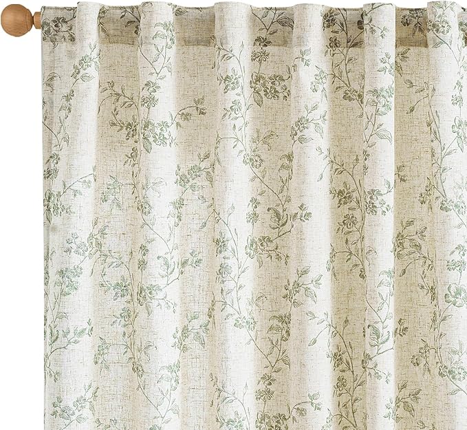 Lazzzy Farmhouse Linen Curtains Green Floral Curtains 96 Inch Length Back Tab Drapes for Living Room Bedroom Light Filtering Country Vintage Rod Pocket Curtain, 2 Panels, Green on Beige