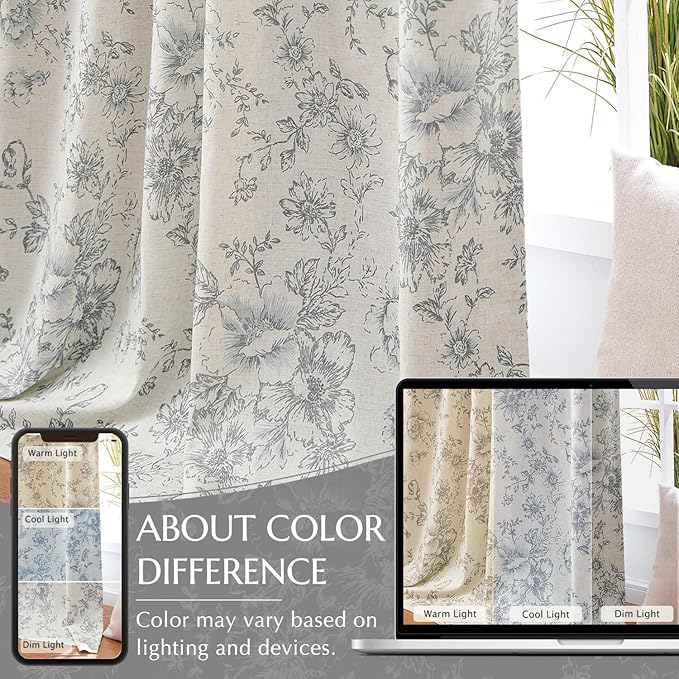 jinchan Blackout Floral Curtains for Living Room Bedroom Linen Blend Curtain Farmhouse Grey Printed with Lined Back Tab Rod Pocket Drapes Window Treatments 2 Panels 90 Inch Gray