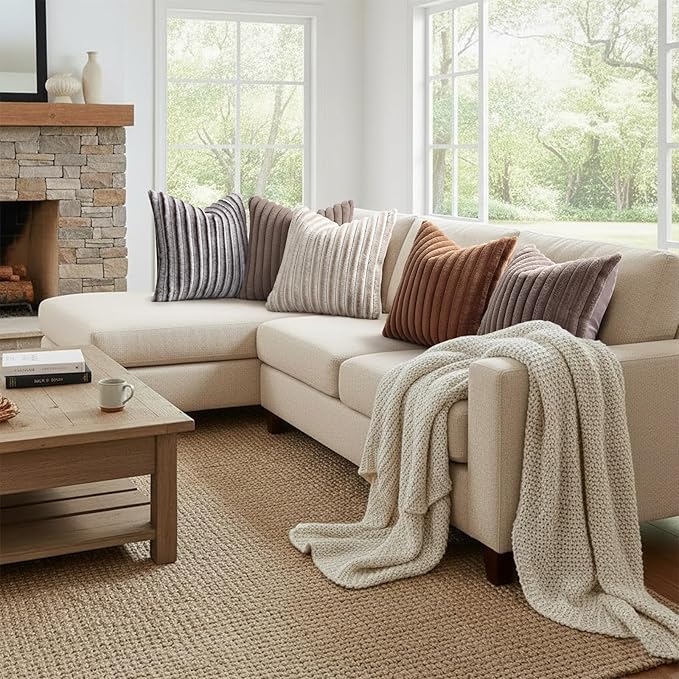 decorUhome Cozy Faux Fur Throw Pillow Covers 24x24 Set of 2 Decorative Soft Plush Striped Modern Farmhouse Boho Couch Euro Sham Pillow Cases with Velvet Back for Sofa Bed Living Room, Brown White