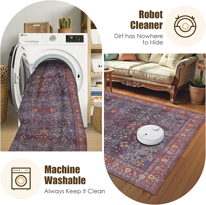 Washable Area Rug 6' x 9' Vintage Traditional Persian Mat - Foldable Distressed Non-Slip Machine Washable Carpet for Living Room Bedroom Kitchen Home Decor - Indigo and Crimson
