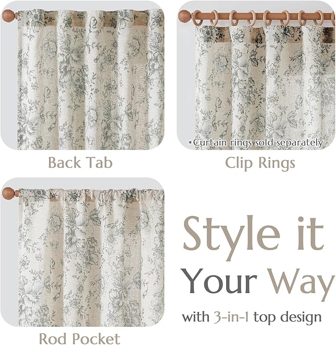 jinchan Lined Linen Blend Curtain Floral Curtains for Living Room 96 Inches Long Grey Peony Flower Printed Curtain Back Tab Farmhouse Patterned Drapes Bedroom Window Curtains Set 2 Panels