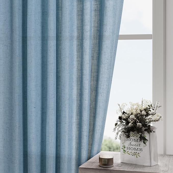 Nanspring Blue Boho Curtains for Bedroom Back Tab Rod Pocket Semi Sheer Linen Curtains 90 Inches Long 2 Panel Set Light Filtering Neutral Dusty Blue Farmhouse Drapes for Living Room 40x90 Inches
